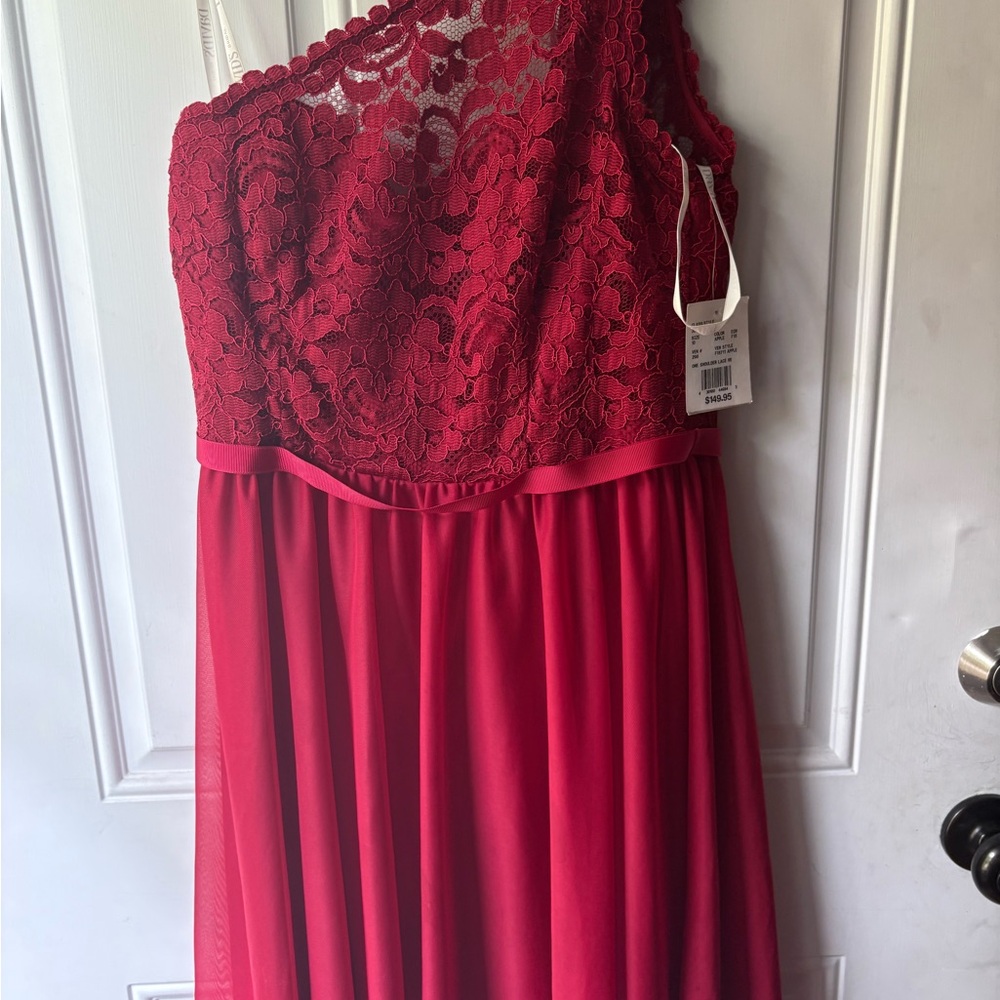 David's Bridal Scarlet Lace One-Shoulder Gown